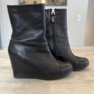 Women's Black Wedge Ankle Boots - Leather Side-Zip